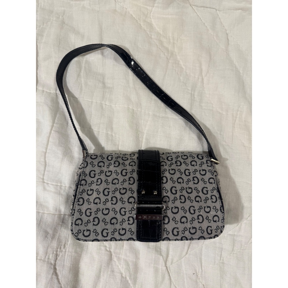 Guess Monogram Baguette Mini Shoulder Bag Black Grey Croc Embossed Y2K Logo 90s